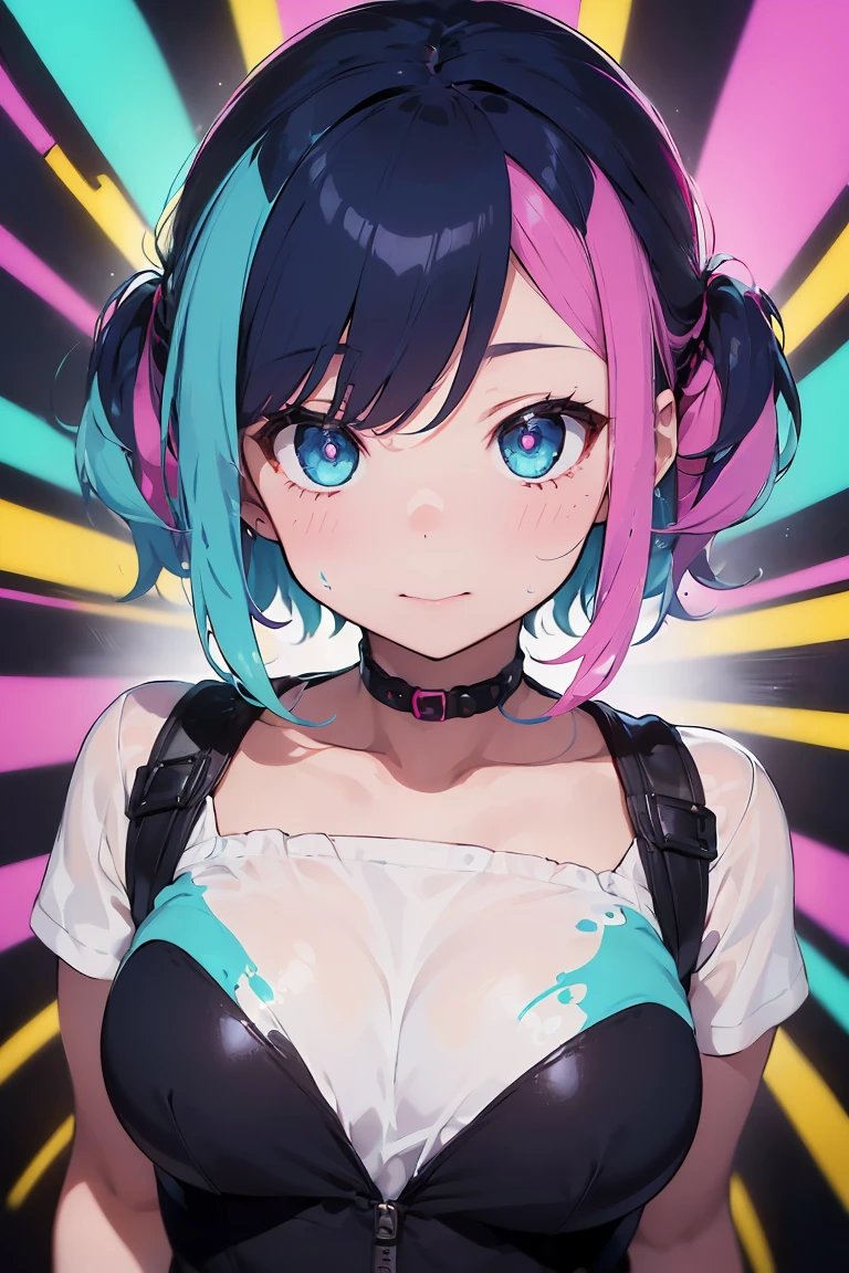 ((Adult costumes)), Black cat, ((Round eyes)), Blue Ribbon, Anime Girls , Latest Trend Fashion, (Big Breasts:1.3), ((Excellent:1.3, Perfect Eyes ,Beautiful and detailed, レインボーは超Get used to itなディープレッドターコイズの目を輝かせます:1.1, Gradient Eye:1, Beautiful Get used to it eyes:1, Symmetrical eyes:1, Big Eye Highlights:1.2)), Grin, blush, In a psychedelic room, ((((White skin: 1.5, White skin, Very bright body)))), Visual Tranceのイラスト, Visual Trance, psychedelic art style, Neon Color Theme, (((masterpiece))), (Complex), 8k, highest quality, (Visual Strength: 1.5),
(((liquid paint hair:1.1))) ,(((Neon black hair | Neon pink hair | Neon blue hair | Neon Aqua Hair | Purple Hair | Fuchsia colored hair | Fluorescent blue hair | Amethyst Hair | Neon Hair | Bright pink hair :1.5))), ((I drew、Defying Gravity,A thick current),(Paint splashes:1.3), (Shiny Hair: 1.3), (Bright colors), Dynamic pose, Embarrassing,in the center,Scale to fit,Three-part method, Liquid Coating Stop,
Colorful background, The rest of the colorful theme, Splash paint play, Beautiful light, Colorful light particles,High contrast in clothing, Color Splash, Color Drawing Wall, Complex Get used to it, Exposure Blending, High resolution, (Graffiti art),more_Get used to it:0.5,