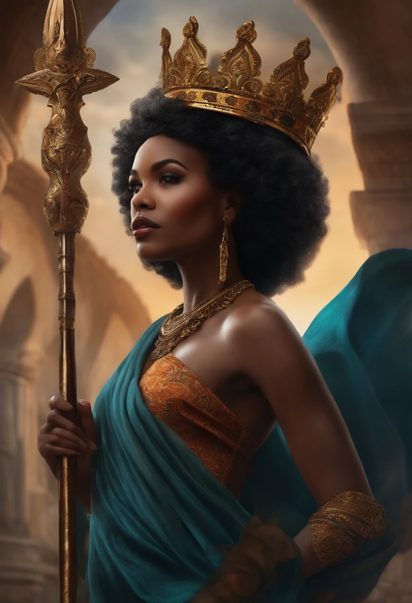 A black woman with short, curly black hair and a full mouth with a crown on the earth and a spear in her right hand