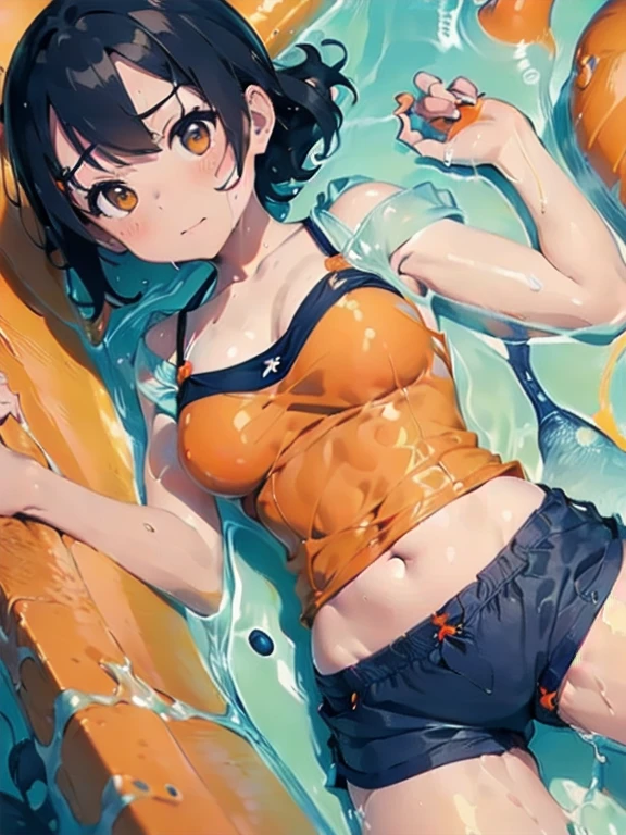 (Orange swimsuit(Orange camisole,Soaked with slimy liquid):1.2),(Navy blue shorts(Soaked with slimy liquid):1.4),All fours pose,Big Breasts,(Soaked with slimy liquid:1.1),Slimy liquid bath,