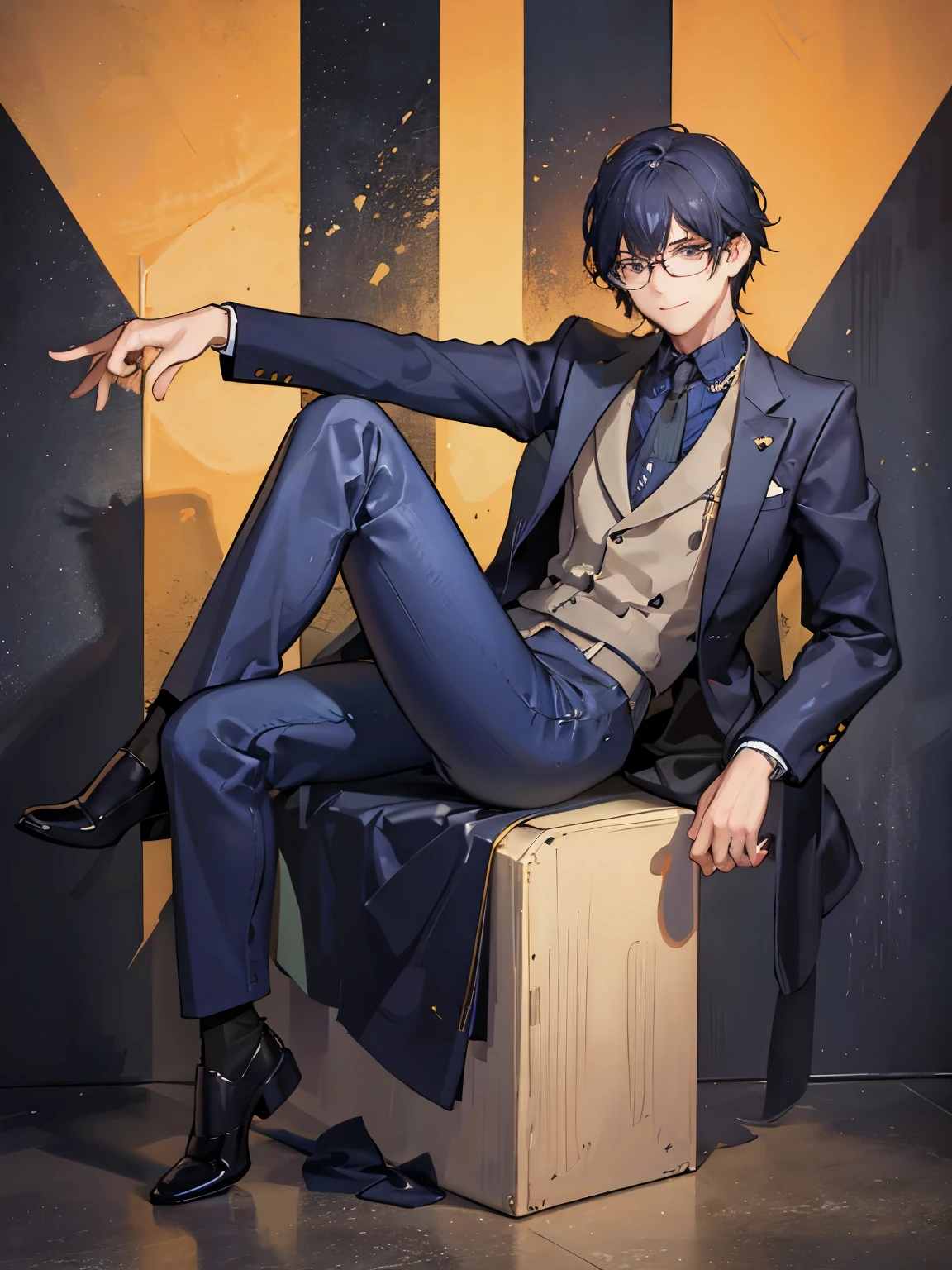 (best quality,4k,8k,highres,masterpiece:1.2),ultra-detailed,(realistic,photorealistic,photo-realistic:1.37),tall teenage boy,full body,glasses, with blazer,dynamic posing,sharp focus,vivid colors,professional lighting,brilliant sunshine,portrait,facial expression,confident smile,expressive eyes,short hair,modern background,urban setting,friendly ambiance,structured composition,neutral color palette