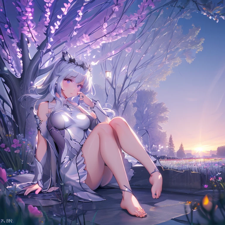 (best quality,4K,8k,high resolution,masterpiece:1.2),Ultra Detailed,(actual,photoactual,photo-actual:1.37),illustration,Soft Light,White hair girl,Deep purple eyes,Glowing eyes,sit down,barefoot,blush,Garden at night,Flowers.