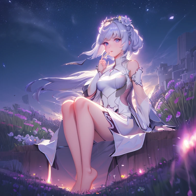 (best quality,4K,8k,high resolution,masterpiece:1.2),Ultra Detailed,(actual,photoactual,photo-actual:1.37),illustration,Soft Light,White hair girl,Deep purple eyes,Glowing eyes,sit down,barefoot,blush,Garden at night,Flowers.