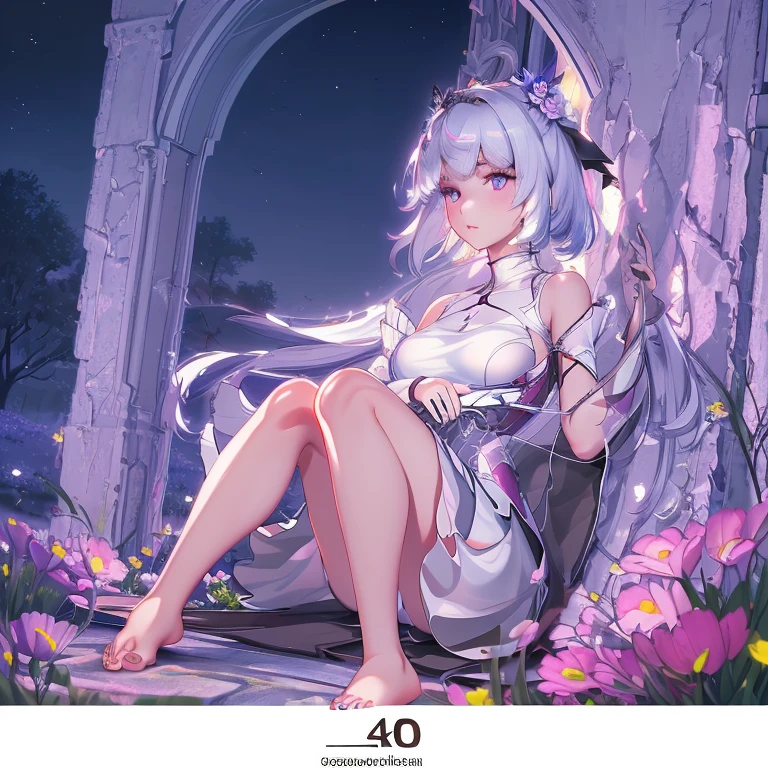 (best quality,4K,8k,high resolution,masterpiece:1.2),Ultra Detailed,(actual,photoactual,photo-actual:1.37),illustration,Soft Light,White hair girl,Deep purple eyes,Glowing eyes,sit down,barefoot,blush,Garden at night,Flowers.