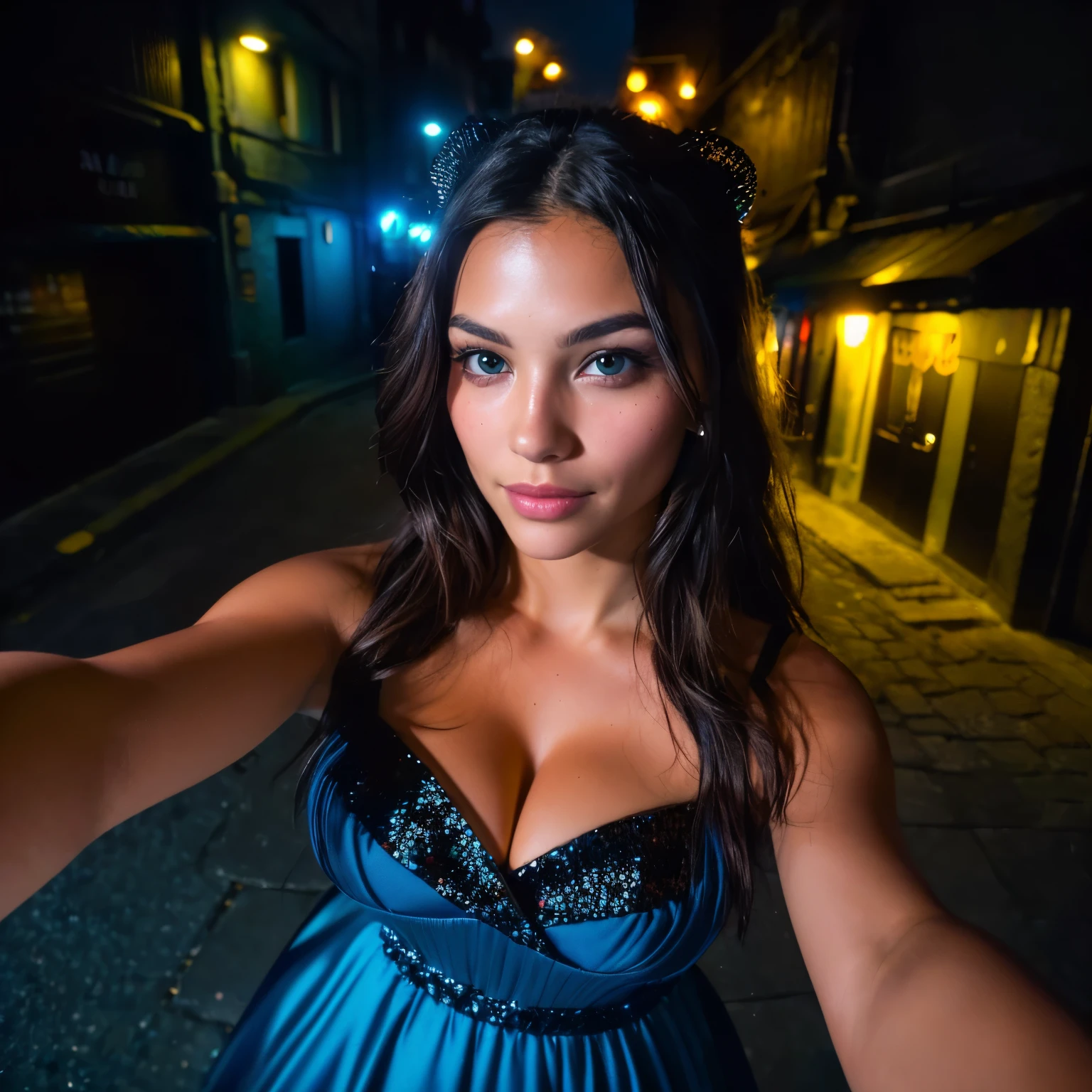 (selfie, top view: 1.4), (right half of body: 1.4), RAW UHD portrait photo of 24-year-old brunette (blue-eyed woman) walking in dark alley, Big breasts,, city at night, (Long dress), (cleavage), details (Textures! , hair! , sequins, horn!! , Disadvantages: 1.1), bright eyes with lots of detail (Looking at the camera), SLR lighting, SLR camera, ultra-quality, acuity, depth of field, film grain (center), Fujifilm XT3, Crystal clear, center do quadro;rock water, center do quadro, beautiful face, sharpness, lamppost, neon lighting, Bokeh (Poorly lit), night, (night sky), detailed skin pores, oily skin, Sunburn, Oculares Complexos details, full body, Big breasts, dark skin