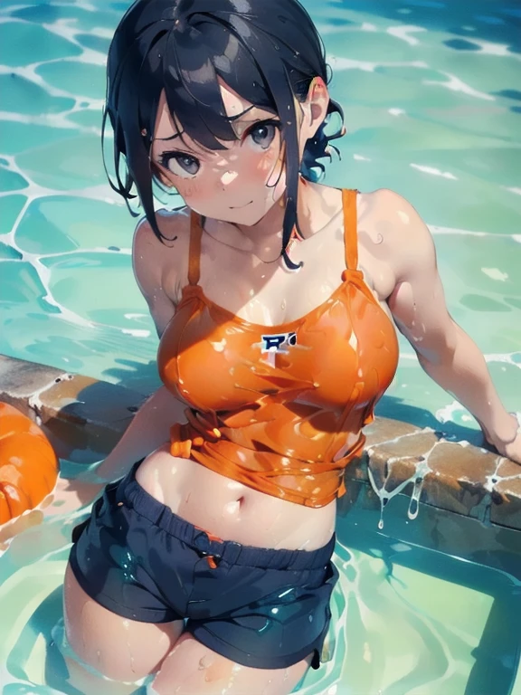 (Orange swimsuit(Orange camisole,Soaked with slimy liquid):1.2),(Navy blue shorts(Soaked with slimy liquid):1.4),All fours pose,Big Breasts,(Soaked with slimy liquid:1.1),(Slimy liquid bath:1.2),