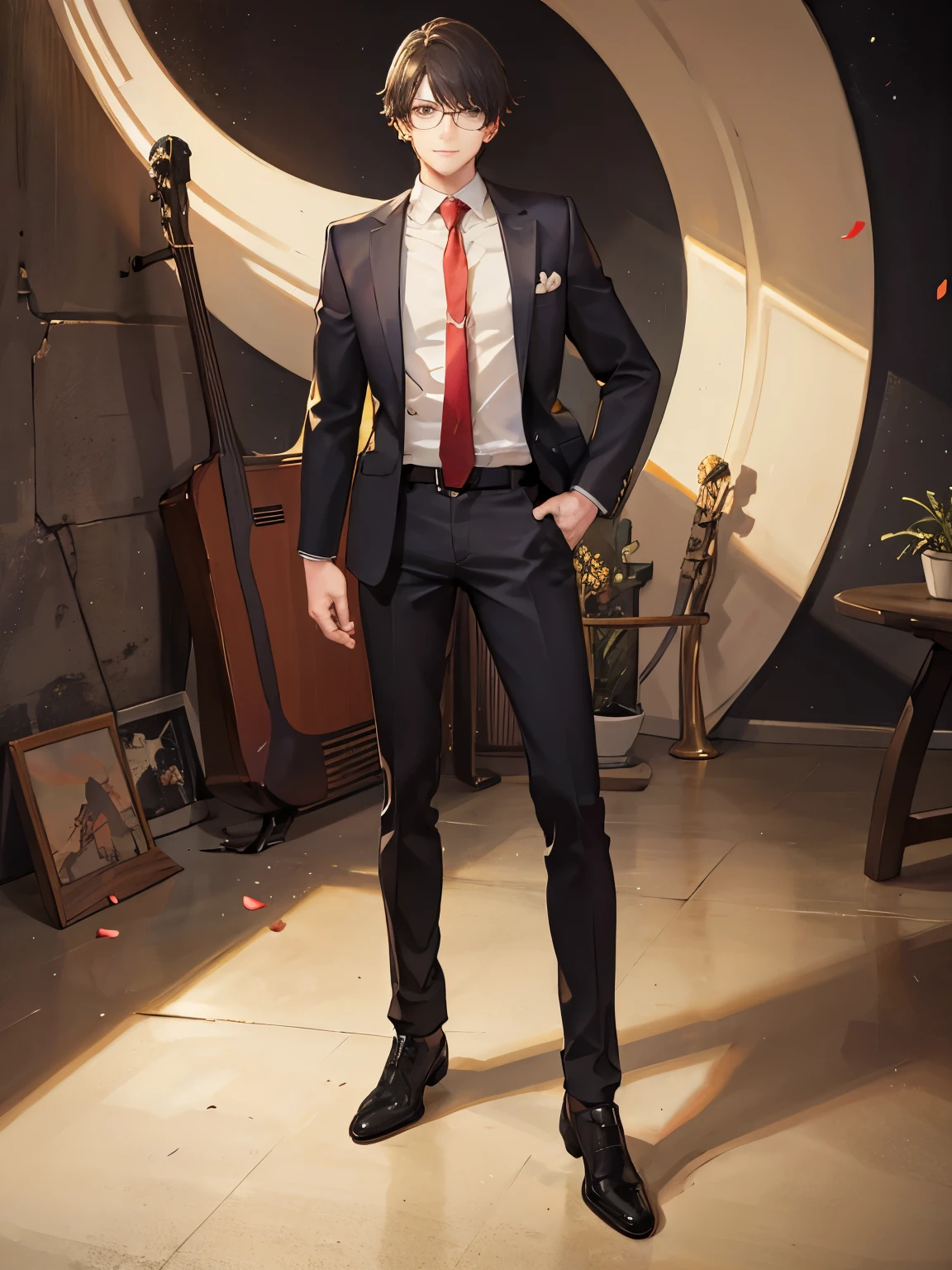 (best quality,4k,8k,highres,masterpiece:1.2),ultra-detailed,(realistic,photorealistic,photo-realistic:1.37),tall teenage boy,full body,glasses, with blazer,dynamic posing,sharp focus,vivid colors,professional lighting,brilliant sunshine,portrait,facial expression,confident smile,expressive eyes,short hair,modern background,urban setting,friendly ambiance,structured composition,neutral color palette