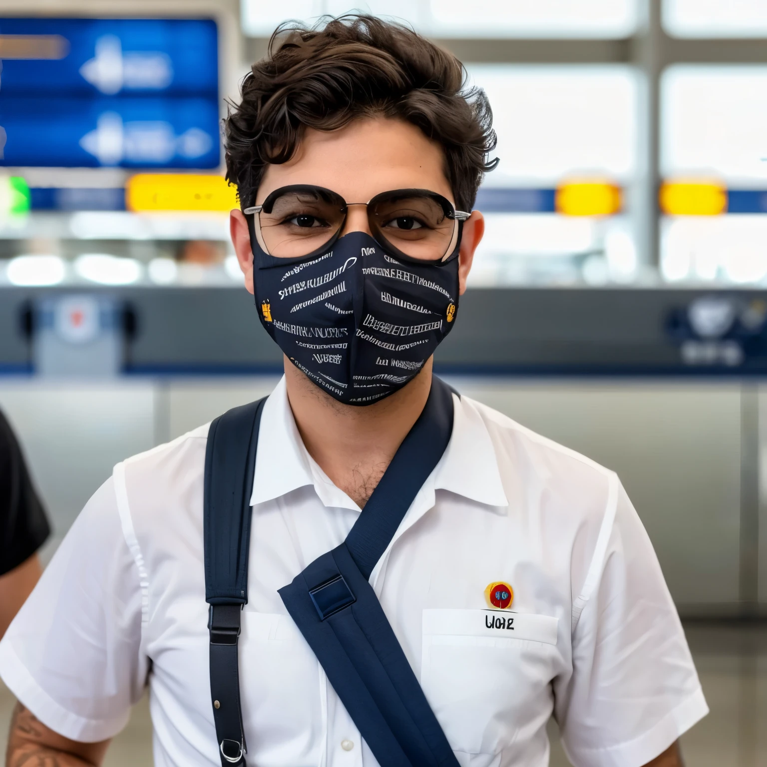 Make an image in which there is: um menino branco, short curly hair wearing a black bandana on her head, barba, bigode, olhos castanhos, sorridente. He is at an airport wearing a white pilot&#39;s outfit, He is holding a brown pinscher dog with a pilot&#39;s hat