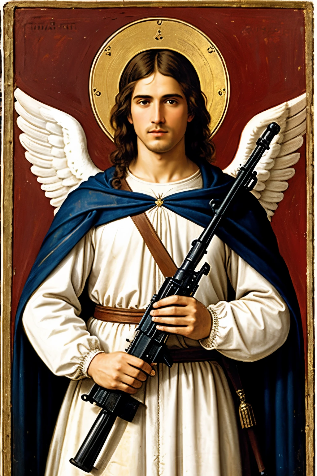 medieval angel man Gabriel with AKM rifle in his hands in war
