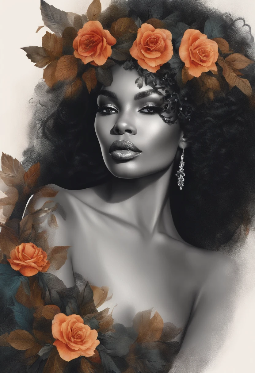 dessin de femme noire avec une belle couronne et une lance à la main droite , le regard fixant 