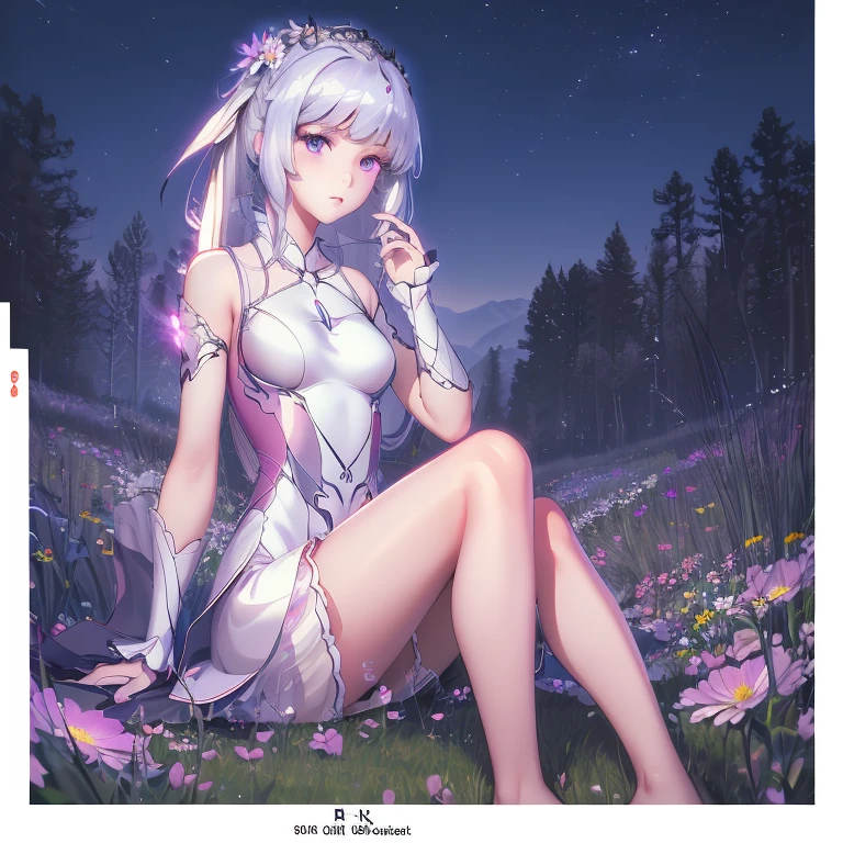 (best quality,4K,8k,high resolution,masterpiece:1.2),Ultra Detailed,(actual,photoactual,photo-actual:1.37),illustration,Soft Light,White hair girl,Deep purple eyes,Glowing eyes,sit down,barefoot,blush,Garden at night,Flowers.