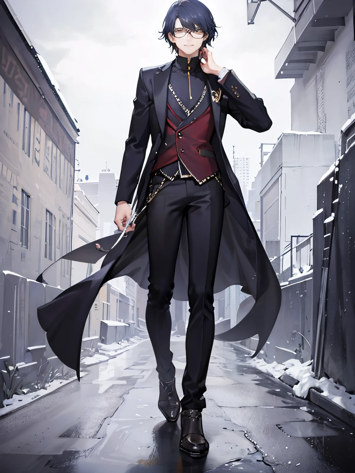 (best quality,4k,8k,highres,masterpiece:1.2),ultra-detailed,(realistic,photorealistic,photo-realistic:1.37),tall teenage boy,full body,glasses, with blazer ,dynamic posing,sharp focus,vivid colors,professional lighting,brilliant sunshine,portrait,facial expression,confident smile,expressive eyes,short hair,modern background,urban setting,friendly ambiance,structured composition,neutral color palette