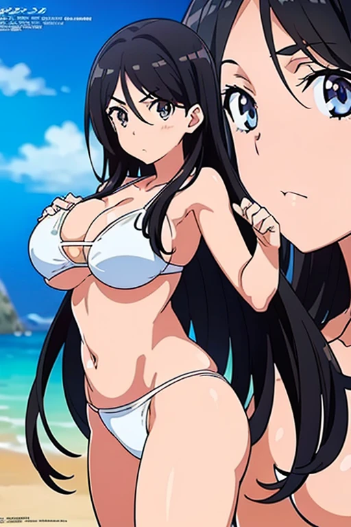 (masutepiece, Best Quality, High resolution, anime screen cap, anime colours, megami magazine:1.2, anime poster style, anime keyvisual, sharp, 8k, photorealistic), (beautiful eyes:1.5), Blowmailing, 1girl in, Cute, blush, (Long Black Hair), (large breasts:1.5), cleavage, (White Bikini:1.5), cowboy shot, standing, (Perfect Anatomy, beautifull detailed face, Beautiful detailed eyes, beautiful detailed hair, Beautiful detailed body), (thick outline, Beautiful outlines, black outlines)