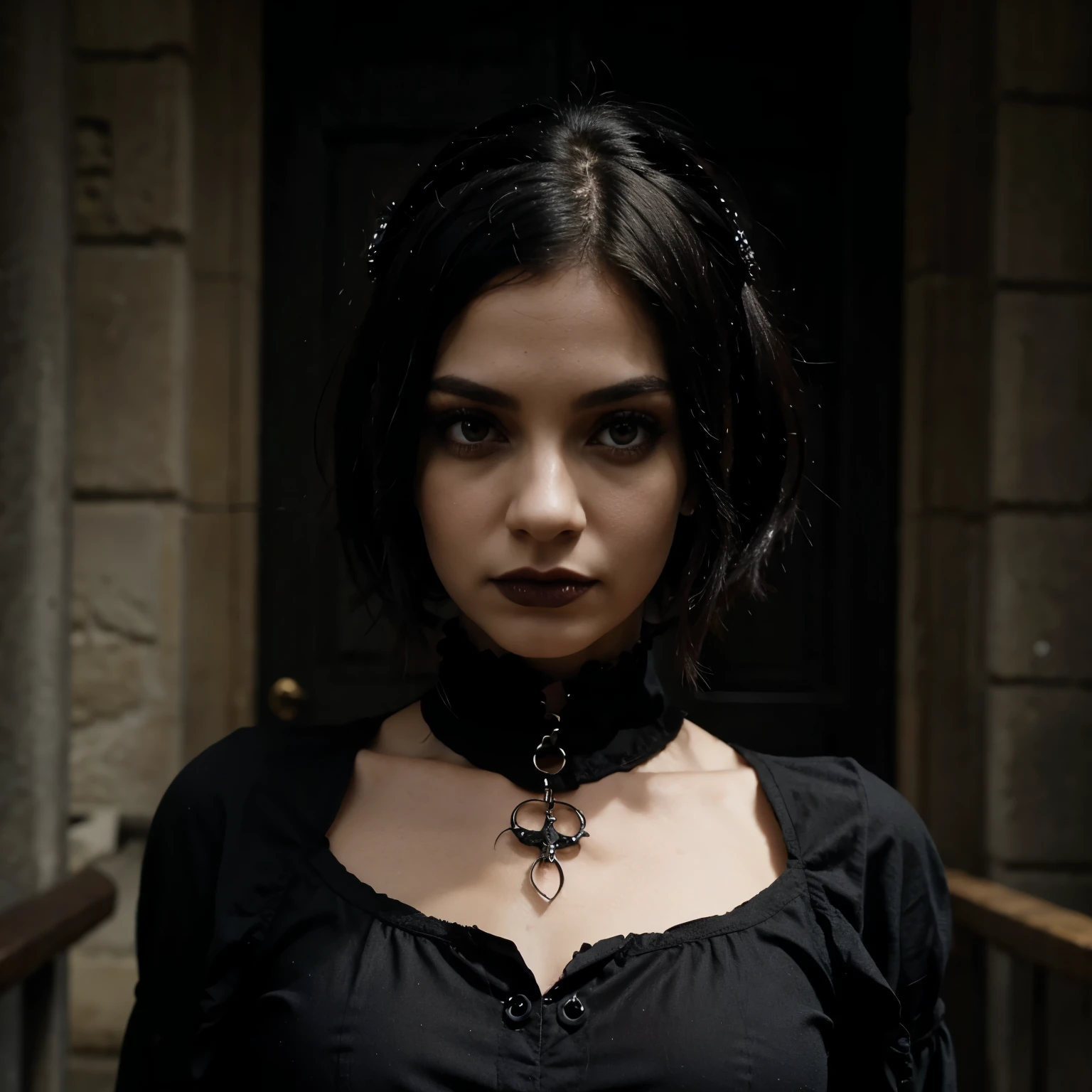 A big breast goth girl with short black hair and all black clothes, she is planning a ritual and is summoning a demon. she is bleeding out of her eyes and nose