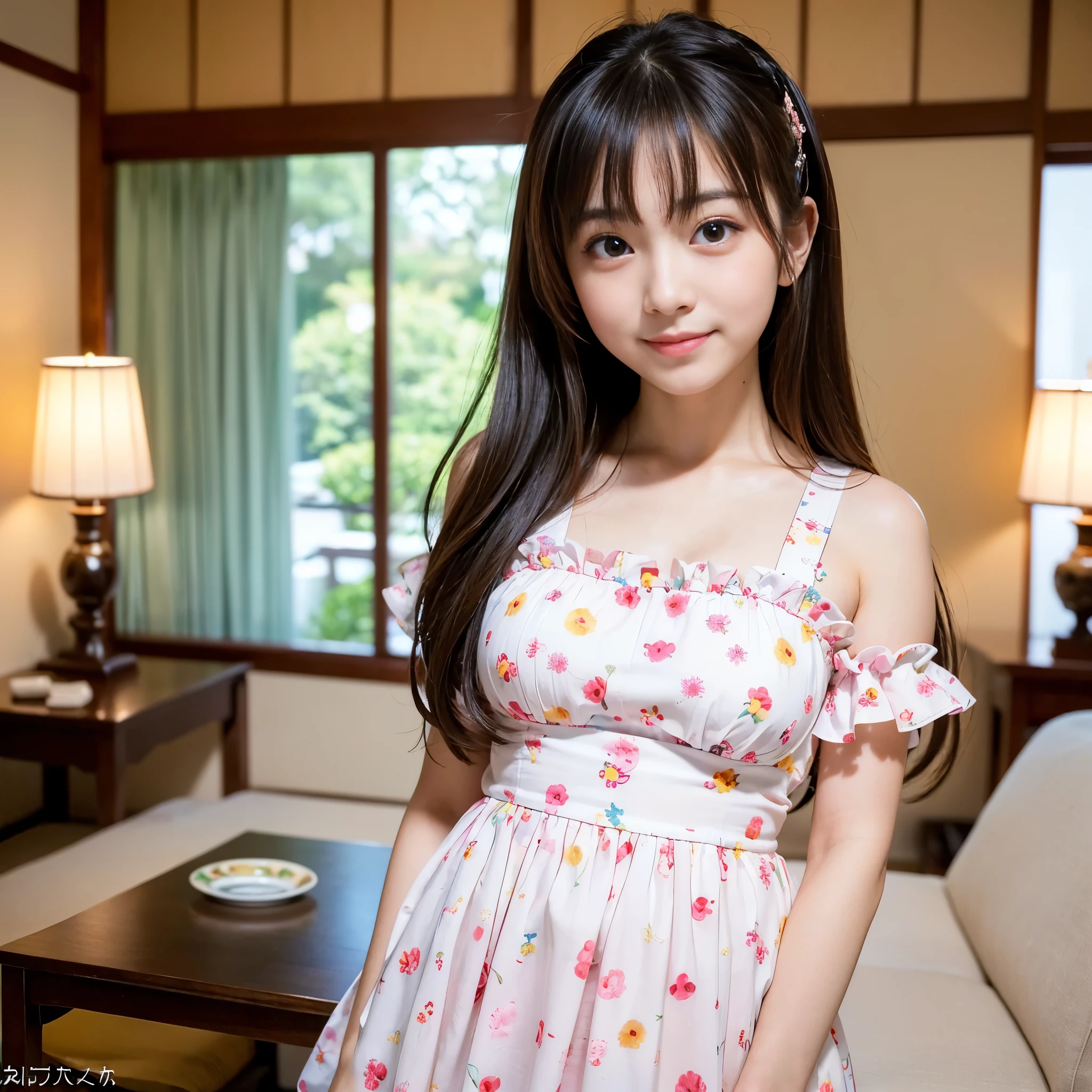 Best Quality, masutepiece, Ultra-detailed high resolution, 8K, Cute Japan  girl, Black hair, Pink headband, petite and short body, Little ooks like a 7-year-old, Babce, L, Sofile, Dress, cafes, Pudding and cream soda on the desk, Kamimei, Voluptuous thighs, with round face