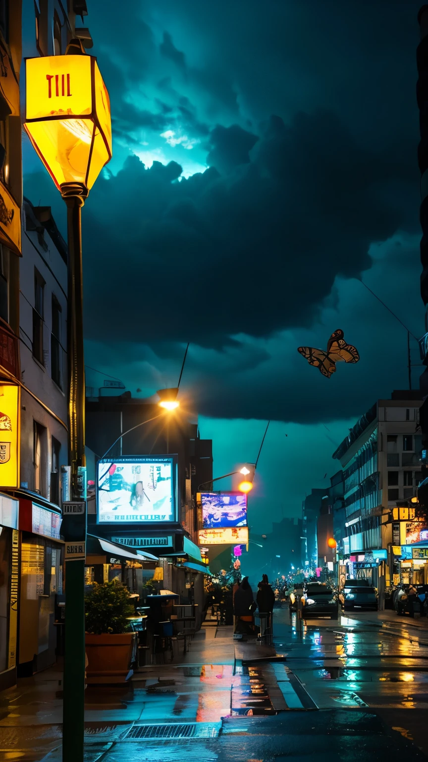landscape,Very detailed portrait of a street corner at night, In the thunderstorm and cloudy skies, neon and cyberpunk background, butterflies floating near the streetlight, burn, Backlight, Tabletop, highest quality, Intricate details, Absurd, chromatic aberration, Depth of written boundary, Professional photography, Soft lighting, Tone Mapping, Very detailed, Sharp focus, Dramatic lighting, Intricate details, movie, 8k, Incredible Shadows, Realistic, (Very detailed背景 :1.0)