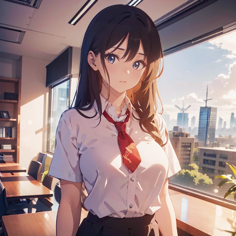 A woman wearing a white office t-shirt, wearing a tie around your neck, uma saia preta, meias longas femininas, seios grandes, cabelo loiro longo, olhos azuis, in an office in a large building, com tabelas, computadores, a window overlooking several buildings, lugar brilhante, efeito de desfoque de fundo, HDR, ultra resolution, bem definido, obra de arte, 8k HD.
