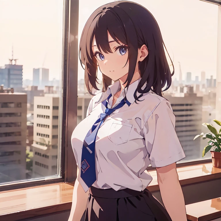 A woman wearing a white office t-shirt, wearing a tie around your neck, uma saia preta, meias longas femininas, seios grandes, cabelo loiro longo, olhos azuis, in an office in a large building, com tabelas, computadores, a window overlooking several buildings, lugar brilhante, efeito de desfoque de fundo, HDR, ultra resolution, bem definido, obra de arte, 8k HD.