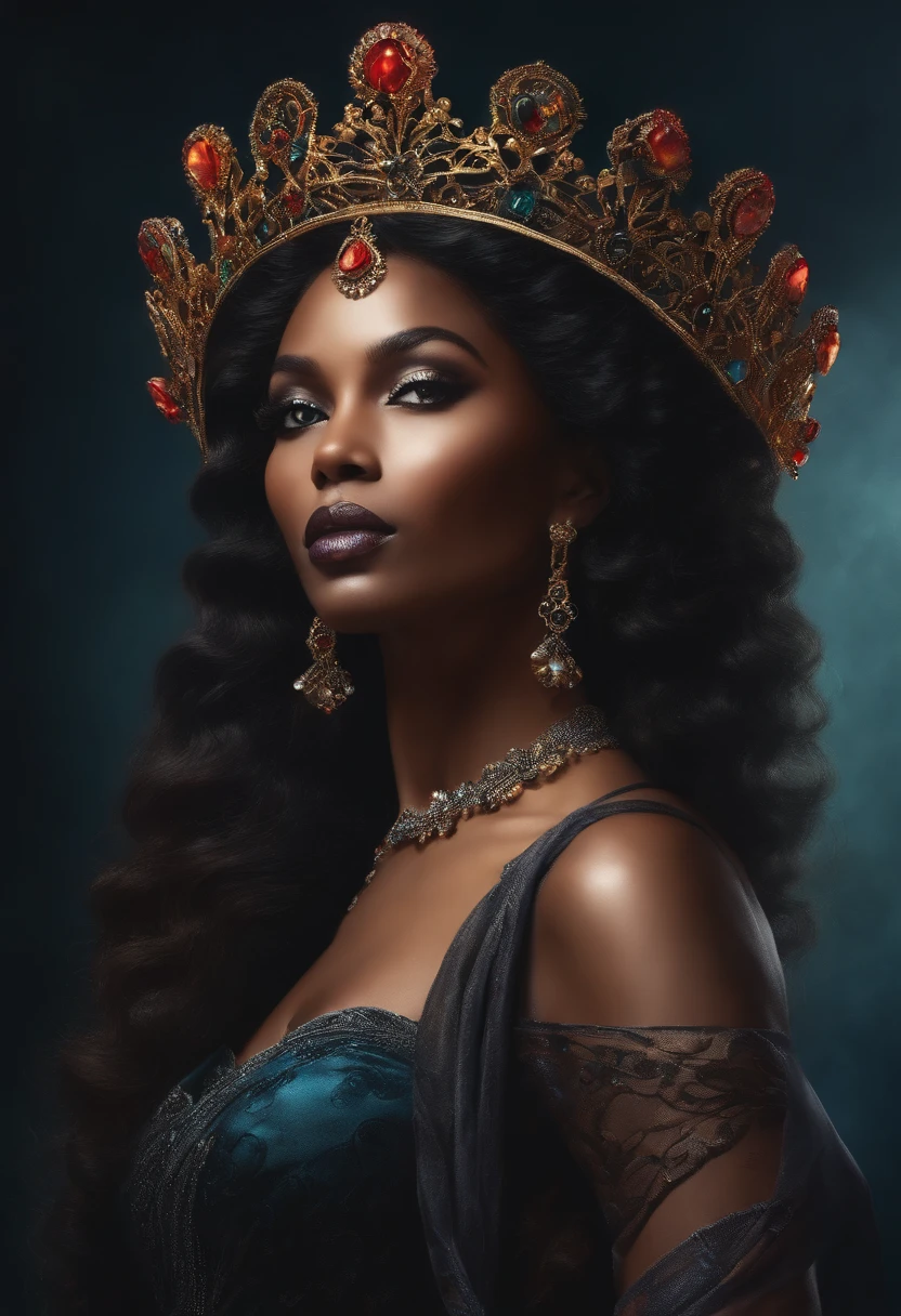 dessin de femme noire avec une belle couronne et une lance à la main droite , le regard fixant