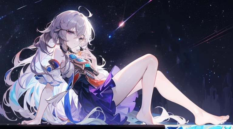 Lilac gradient hair,Asymmetrical hair,（（Very voluminous hair 1.8，Clear head outline 1.5））， Shoulder-length hair, Messy hair, Very long hair, Shiny hair，(Long hair:1.2),A beautiful girl，Gorgeous purple mini skirt，tall，slim，(看起来很sad，pale，sad，shut up：1.2） Against the backdrop of the bright dark starry sky，Side-lying，barefoot，float，water surface，dignified，Long Law，Long Law，fully，Normal legs，Whole body love