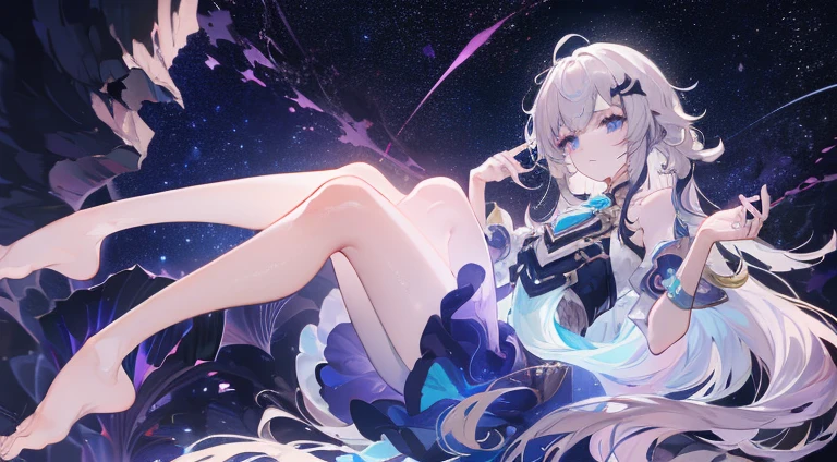 Lilac gradient hair,Asymmetrical hair,（（Very voluminous hair 1.8，Clear head outline 1.5））， Shoulder-length hair, Messy hair, Very long hair, Shiny hair，(Long hair:1.2),A beautiful girl，Gorgeous purple mini skirt，tall，slim，(看起来很sad，pale，sad，shut up：1.2） Against the backdrop of the bright dark starry sky，Side-lying，barefoot，float，water surface，dignified，Long Law，Long Law，fully，Normal legs，Whole body love