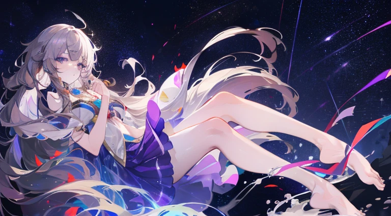 Lilac gradient hair,Asymmetrical hair,((Very voluminous hair 1.8,Clear head outline 1.5)), Shoulder-length hair, Messy hair, Very long hair, Shiny hair,(Long hair:1.2),A beautiful girl,Gorgeous purple mini skirt,tall,slim,(看起来很sad,pale,sad,shut up:1.2) Against the backdrop of the bright dark starry sky,Side-lying,barefoot,float,water surface,dignified,Long Law,Long Law,fully,Normal legs,Whole body love