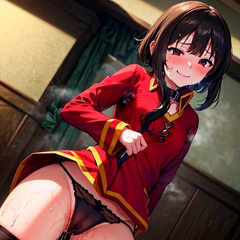 NSFW、anime、very cute、、((Megumin))、1 girl、Red long sleeve shirt、Black Skirt、Magic wand、((masterpiece))、(((Pussy)))、(((Love Juice)))、(((Sweat)))、(((Sweat染み)))、(smile)、(((odor)))、(((Body odor)))、((Black adult panties))、(((Covered in bodily fluid-shaped legs))