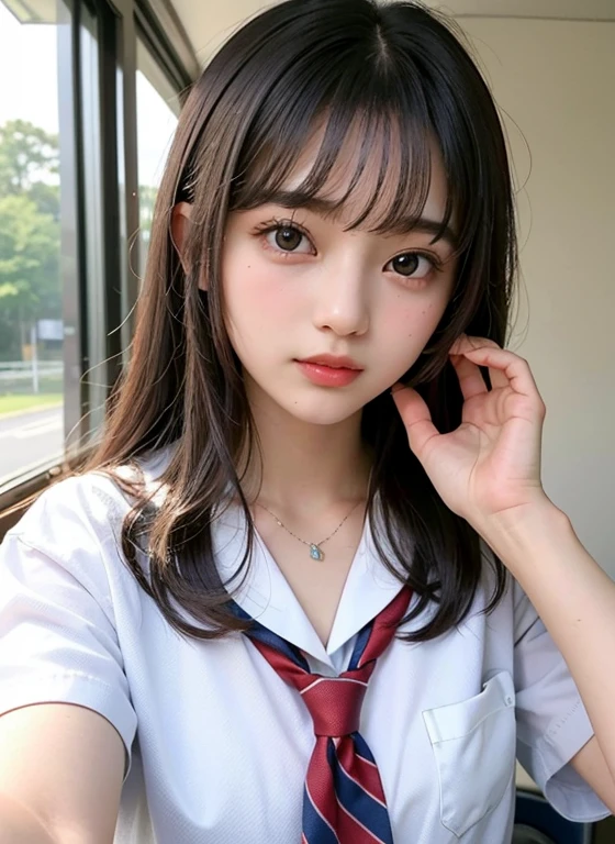 highest quality))、(masterpiece:1.3)、Raw photo、8k、(best image quality)、(highest resolution)、Beautiful face in every detail、realistic、Photoreal、(the most beautiful woman:1.3)、(the finest woman:1.3)、high school girl、(small face)、long hair、straight hair、、(high school girl uniform)、(The prettiest girl)、(The queen bee:1.3)、(The cutest girl)、(She's Out of my league)、(the most beautiful girl in school:1.3)、(country road:1.3)、(Luxury woman:1.3)、(school queen:1.3)、(With bangs)、(Commuting to school)、((18 year old beauty))、beautiful hair、long neck、tie、everyone admires、summer、short sleeve、red cheeks、(Big eyes)、necklace、cute hairstyle、[[[smile]]]、watch
