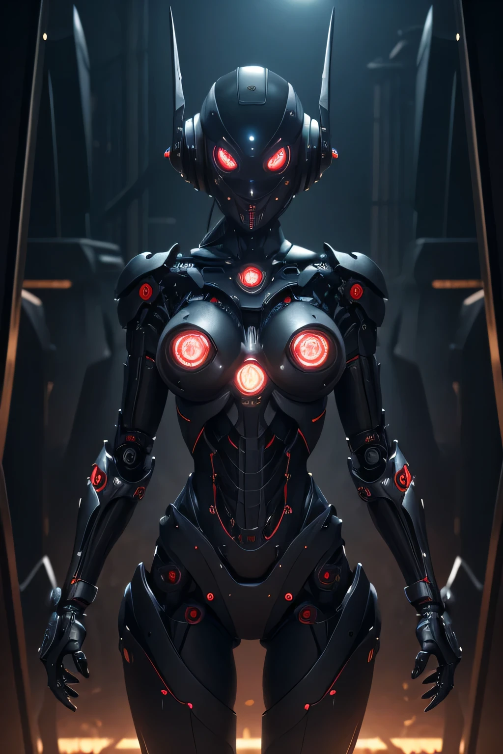 An evil female robot that operates in the night A body with exposed machinery Evil atmosphere, covering eyes, covering, UHD, retina, masterpiece, ccurate, anatomically correct, textured skin, super detail, high details, high quality, award winning, best quality, highres