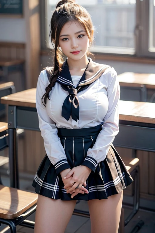 (reality: 1.4),highest quality, masterpiece, high detail, 16K quality, beautiful, 1 beautiful girl,japanese,super beautiful face,,japanese idol face,cute face,super detailed face,detailed hand,beautiful skin,oily skin,big eyes,profeccional lighting,pony tail,black hair,brown beautiful eyes, standing,big smile,legs spread,spread pussy,(skirt lift),big breasts,(sailor suit),(checked skirt),(spread pussy),detailed pussy,black high socks,she is looking at the camera,classroom,from below,