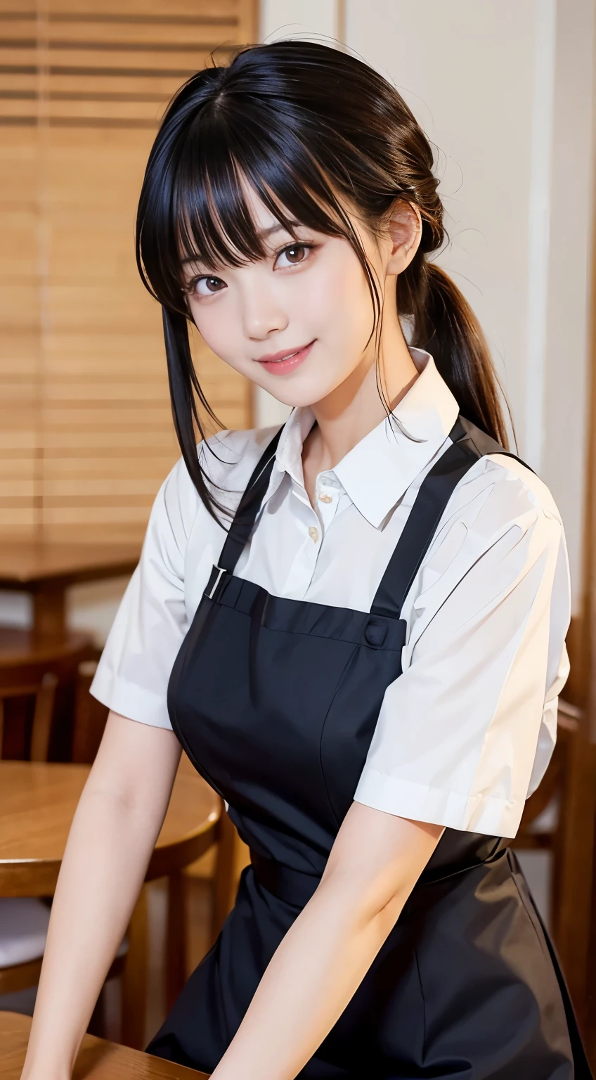 (highest quality,masterpiece:1.3,Ultra-high resolution,),(Very detailed,Caustics),(Photorealistic:1.4,RAW shooting,)Ultra-Realistic Capture,Very detailed,High resolution 16K human skin closeup。 Natural skin texture、,Pores、、、、It must be detailed enough to be easily identifiable。 Skin tone is even and healthy looking。 Use natural light and color,restaurant,Waitress Uniform,1 girl,Japanese,18-year-old,cute,Black-haired,ponytail,Big Breasts,smile,Turn your body forward,(Front view:1.1),Looking at the camera,Cowboy Shot,