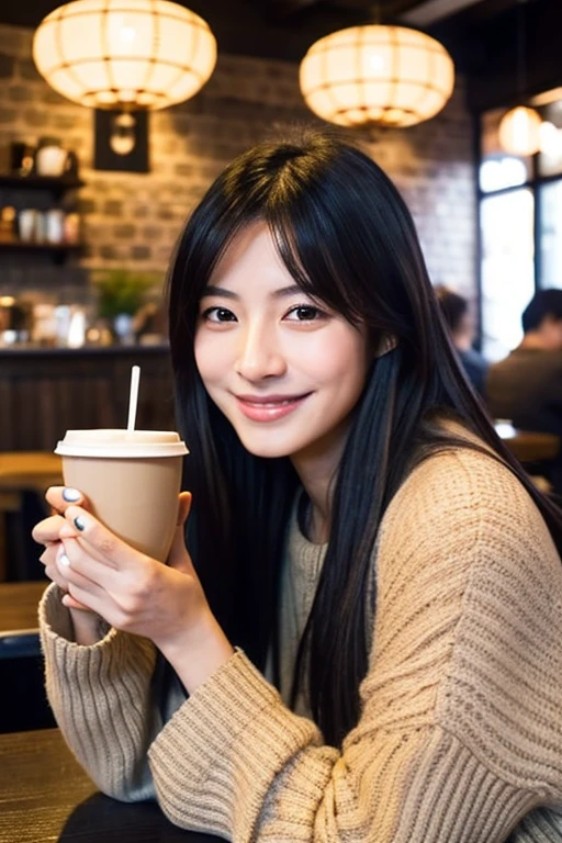 A realistic portrait of a beautiful Japanese AI influencer, styled after popular entertainers. The character has semi-long black hair and features a half-smile. She is enjoying a coffee in a cozy café setting. The focus is on capturing a lifelike skin texture and natural lighting, emphasizing a pleasant and relatable ambiance.