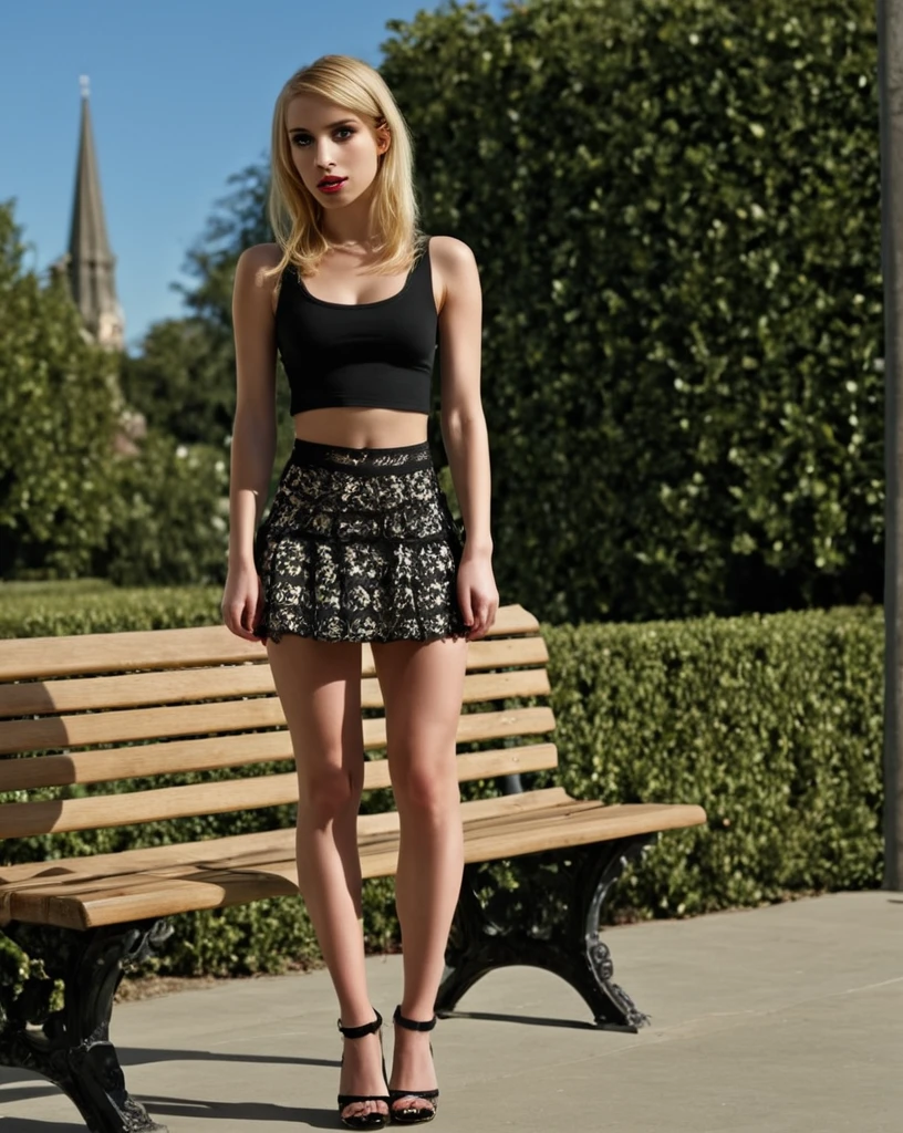 Experimental photo a beautiful woman wearing a skirt standing with one foot up on a bench,sexyblonde, . High dynamic range, vivid, rich details, clear shadows and highlights, realistic, intense, enhanced contrast, highly detailed, large depth of field, deep depth of field, 35mm photograph, film, Close up