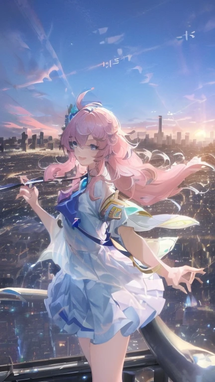 official art, masterpiece, Clear focus, (Beautiful, gorgeous and cute Korean woman:1.3), (beautiful and cute korean:1.3), Korean beauty, Exquisite and beautiful hair、Eyes and face, Practical, Super detailed, beautiful girl, Blue sky, Glowing white particles, (Side Light:1.2), Sunlight, Baiyun, Detailed clouds, slim, Very cute big  and big butt, Smile with teeth bared, ((Smile with your eyes, Open your eyes)), landscape, Long and straight hair, Sexy facial expressions, architecture, (city View:1.7), Dynamic Hair, Long and straight hair, Detailed platinum pink hair, Blue eyes, (Blue Pleated Shirt + White skirt), White socks, Pale skin, Hair accessories, epic landscape,