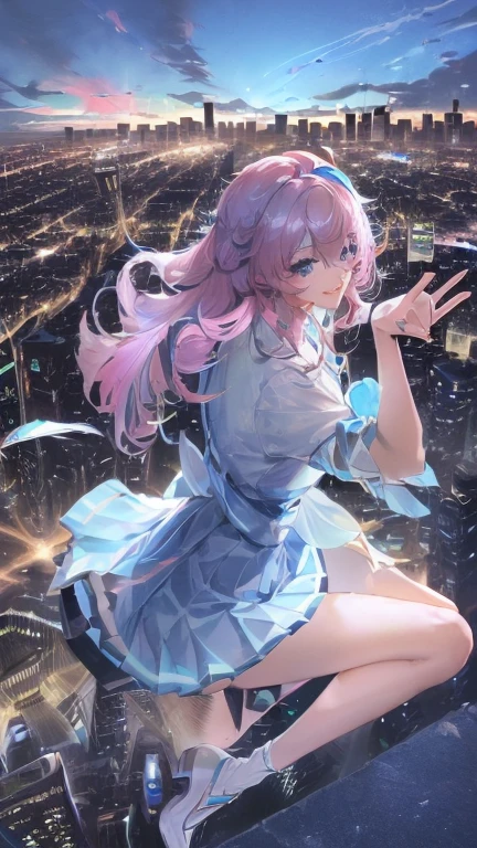 official art, masterpiece, Clear focus, (Beautiful, gorgeous and cute Korean woman:1.3), (beautiful and cute korean:1.3), Korean beauty, Exquisite and beautiful hair、Eyes and face, Practical, Super detailed, beautiful girl, Blue sky, Glowing white particles, (Side Light:1.2), Sunlight, Baiyun, Detailed clouds, slim, Very cute big  and big butt, Smile with teeth bared, ((Smile with your eyes, Open your eyes)), landscape, Long and straight hair, Sexy facial expressions, architecture, (city View:1.7), Dynamic Hair, Long and straight hair, Detailed platinum pink hair, Blue eyes, (Blue Pleated Shirt + White skirt), White socks, Pale skin, Hair accessories, epic landscape,