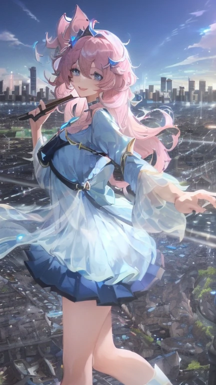 official art, masterpiece, Clear focus, (Beautiful, gorgeous and cute Korean woman:1.3), (beautiful and cute korean:1.3), Korean beauty, Exquisite and beautiful hair、Eyes and face, Practical, Super detailed, beautiful girl, Blue sky, Glowing white particles, (Side Light:1.2), Sunlight, Baiyun, Detailed clouds, slim, Very cute big and big butt, Smile with teeth bared, ((Smile with your eyes, Open your eyes)), landscape, Long and straight hair, Sexy facial expressions, architecture, (city View:1.7), Dynamic Hair, Long and straight hair, Detailed platinum pink hair, Blue eyes, (Blue Pleated Shirt + White skirt), White socks, Pale skin, Hair accessories, epic landscape,