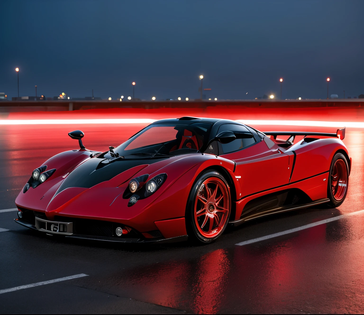 A Pagani zonda, color red, in a city tokyo, high quality photograph, sharp focus, bokeh, ligthing