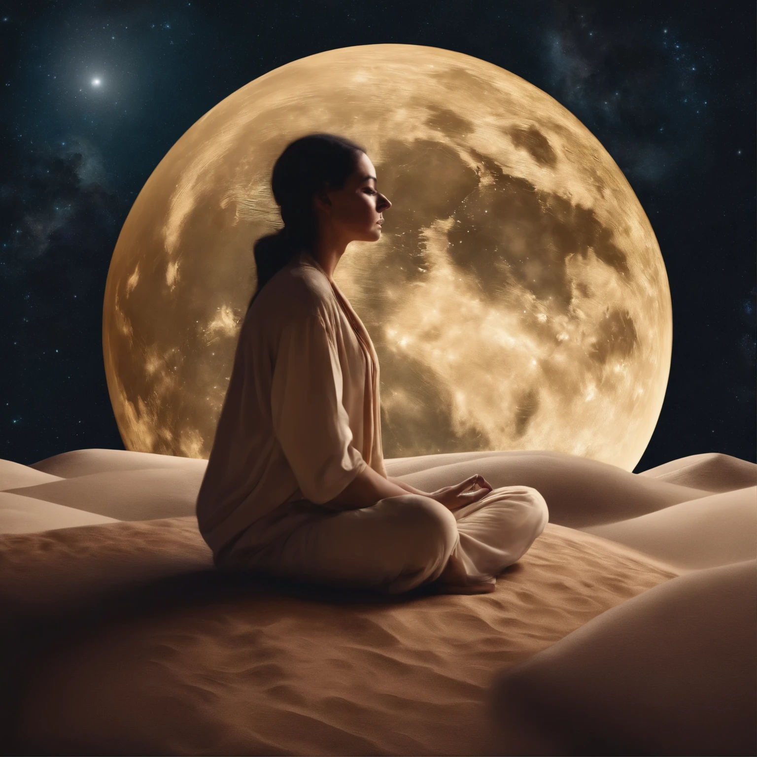 desenho de uma pessoa meditando no vasto universo, cores contrastadas, Lua cheia. Formato HD, minimum 300dpi