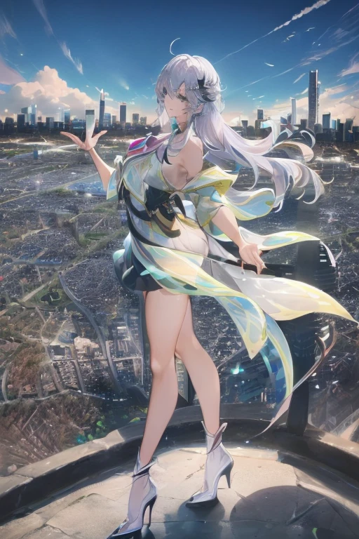 official art, masterpiece, Sharp focus, (Beautiful, gorgeous and cute Korean woman:1.3), (beautiful and cute korean:1.3), Korean beauty, Exquisite and beautiful hair、Eyes and face, Practical, Ultra Detailed, beautiful girl, Blue sky, Glowing white particles, (Side Light:1.2), Sunlight, Baiyun, Detailed clouds, slim, Very cute big and big butt, Smile with teeth bared, ((Smile with your eyes, Open your eyes)), landscape, Long and straight hair, Sexy facial expressions, architecture, (city View:1.7), Dynamic Hair, very Long and straight hair, Delicate platinum silver hair, Green eyes, , Black socks, Pale skin, Hair accessories, epic landscape,,White high heels,Nice butt,Beautiful buttocks,Nothing under the skirt,Weight loss