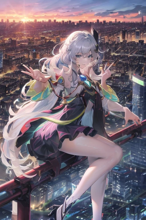 official art, masterpiece, Sharp focus, (Beautiful, gorgeous and cute Korean woman:1.3), (beautiful and cute korean:1.3), Korean beauty, Exquisite and beautiful hair、Eyes and face, Practical, Ultra Detailed, beautiful girl, Blue sky, Glowing white particles, (Side Light:1.2), Sunlight, Baiyun, Detailed clouds, slim, Very cute big and big butt, Smile with teeth bared, ((Smile with your eyes, Open your eyes)), landscape, Long and straight hair, Sexy facial expressions, architecture, (city View:1.7), Dynamic Hair, very Long and straight hair, Delicate platinum silver hair, Green eyes, Pink skirt, Black socks, Pale skin, Hair accessories, epic landscape,,White high heels,Nice butt,Beautiful buttocks,Nothing under the skirt,Weight loss