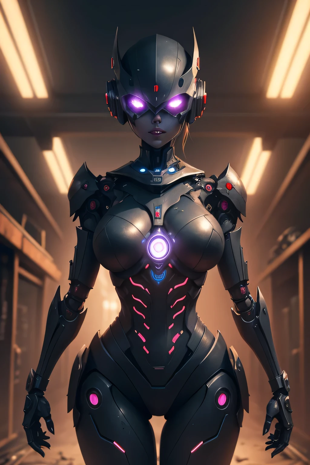 An evil female robot that operates in the night　A body with exposed machinery　Evil atmosphere, covering eyes, covering, UHD, retina, masterpiece, ccurate, anatomically correct, textured skin, super detail, high details, high quality, award winning, best quality, highres