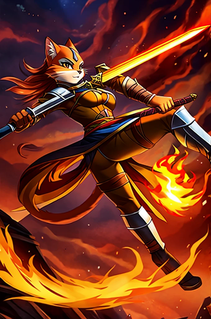 a beautiful shapely female orange cat warrior, holding a flaming sword, heroic look, action pose, high quality digital art, fiery background