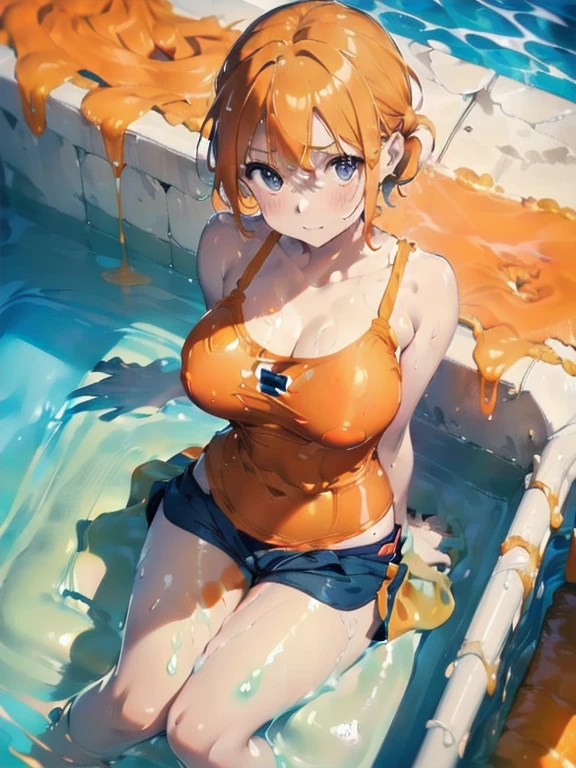 (Orange swimsuit(Orange camisole,Soaked with slimy liquid):1.3),(Navy blue shorts(Soaked with slimy liquid):1.4),All fours pose,Big Breasts,(Soaked with slimy liquid:1.1),(Slimy liquid bath:1.3),