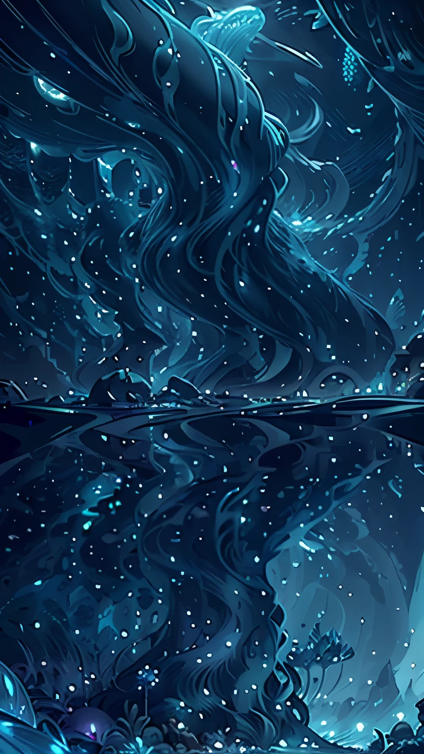 A psychedelic mermaid colony hidden in a bioluminescent space, where merfolk with iridescent tails perform mesmerizing dances amidst shimmering curtains of seaweed. neon fluor, giant mashrooms, a big blue whale flying in the sky, night sky. landscape. 