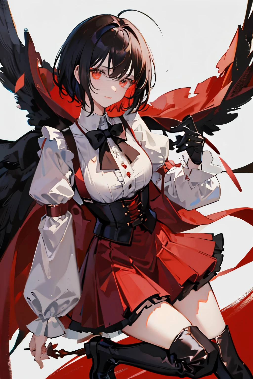 Anime girl, short black hair, red eyes, elegant,((best quality)), ((highly detailed)), masterpiece, puffy shirt, big bowtie, vest, brown boots, red hood, red cape, frills, The sleeves are wide at the hem, long sleeve shirt, black gloves. 