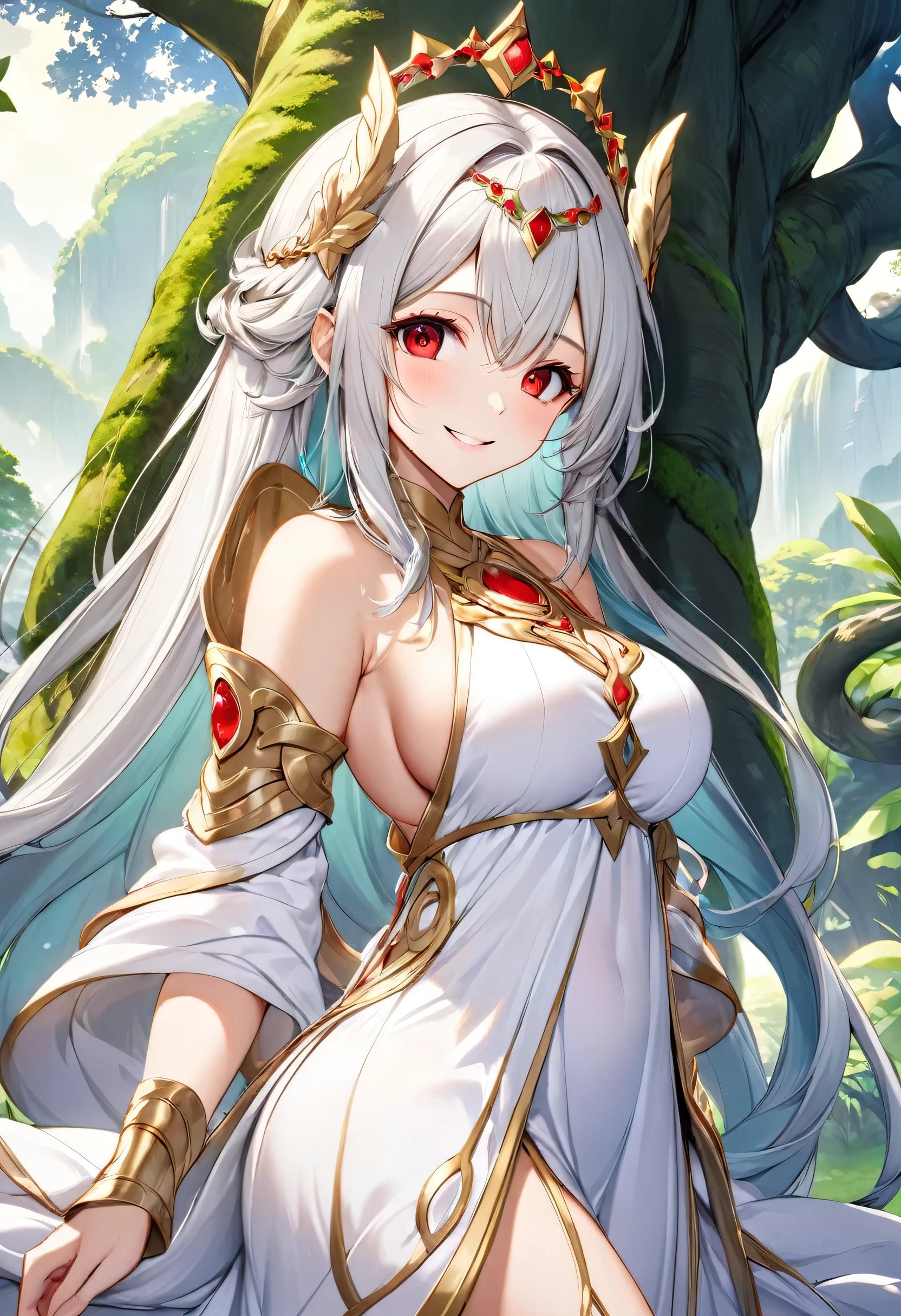 panoramic ((A paradise of unparalleled beauty)) (many Mythical Beasts ), and (in a detailed white dress), (solo straight silver hair long hair immensely cute lady, 20 yo, lovely half-closed red eyes, big tits, lovely smile), head is detailedGold Circlet, BREAK, perfect anatomy, masterpiece, best quality, 16k, beautiful detailed grow, daydreaming expression, break, ((background a The Mana Tree of Legend))