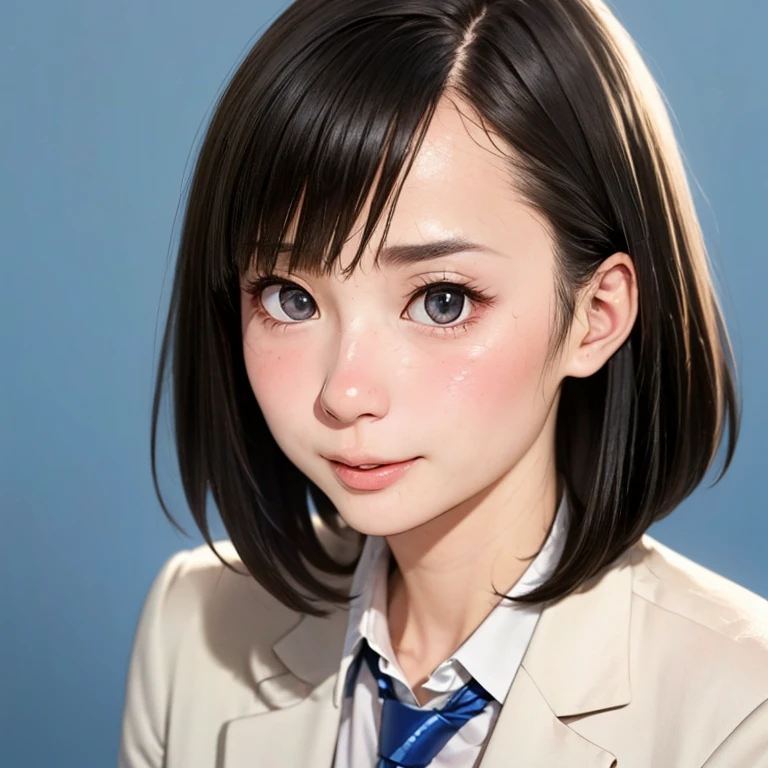NSFW, (kawaii 24 year-old Japanese girl, Nogizaka idol, Korean idol), (glossy hair, very short hair, bangs:1.3), (beautiful black eyes, rounded face, single eyelid, no makeup:1.4), (embarrassed, noseblush, half opened mouth:1.5), (a few semen on the face, bukkake:1.5), (wearing suit jacket, collared shirt, necktie:1.3), (extra small breasts:0.9), (looking at away out of frame:1.5), BREAK, (simple blue background:1.3), (view from forward, bust shot:1.3), BREAK, (masterpiece, best quality, photo realistic, official art:1.4), (UHD, 8K quality wallpaper, high resolution, raw photo, golden ratio:1.3), (shiny skin), professional lighting, physically based rendering, award winning, (highly detailed skin, extremely detailed face and eyes), Carl Zeiss 85 mm F/1.4, depth of field, 1girl, solo,