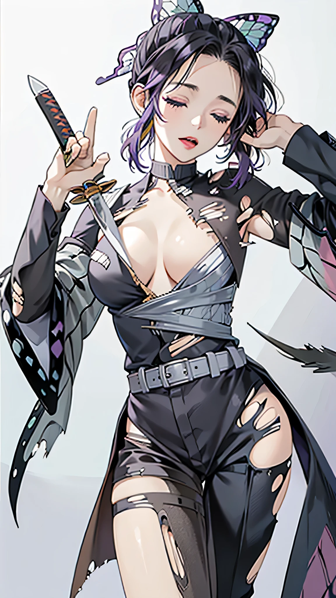 Realistic, High resolution, Soft Light,1 Female, alone, Hip Up, (Detailed face), we \(one piece\), tattoo, jewelry,kochou shinobu,Multicolored Hair,No bangs,Hair Intake,Purple eyes,amount,Black Shirt,Black trousers,Haori,butterfly,button,belt, knife, ((torn clothing:1.5)), ((Close your eyes and yawn loudly)), ((Voluptuous body)),
