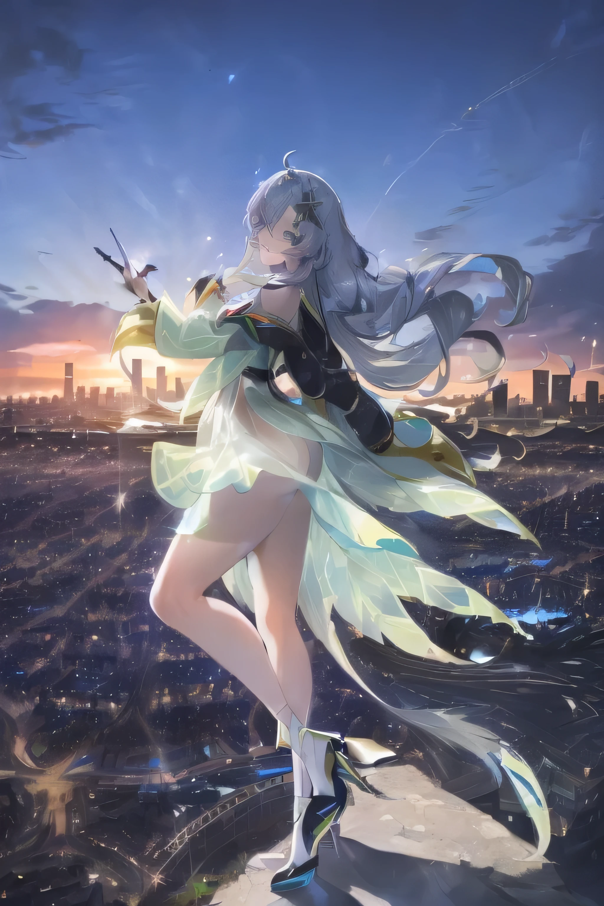 official art, masterpiece, Sharp focus, (Beautiful, gorgeous and cute Korean woman:1.3), (beautiful and cute korean:1.3), Korean beauty, Exquisite and beautiful hair、Eyes and face, Practical, Ultra Detailed, beautiful girl, Blue sky, Glowing white particles, (Side Light:1.2), Sunlight, Baiyun, Detailed clouds, slim, Very cute big and big butt, Smile with teeth bared, ((Smile with your eyes, Open your eyes)), landscape, Long and straight hair, Sexy facial expressions, architecture, (city View:1.7), Dynamic Hair, very Long and straight hair, Delicate platinum silver hair, Green eyes, , Black socks, Pale skin, Hair accessories, epic landscape,,White high heels,Nice butt,Beautiful buttocks,Nothing under the skirt,Weight loss