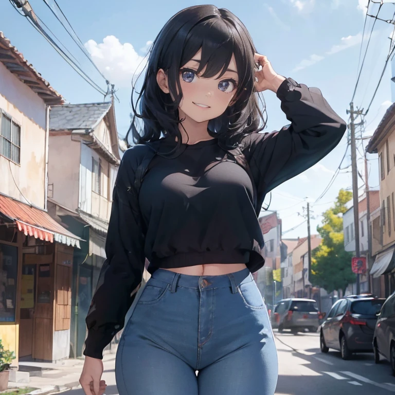 (1 mulher), (Sozinho), maduro, cabelo preto profundo, Cabelo ondulado, cabelo curto, Pale skin, camisa preta cortada, jaqueta vermelha, corpo muscular, average , tatuagens, jeans azul profundo, sorriso arrogante, cicatrizes no rosto
