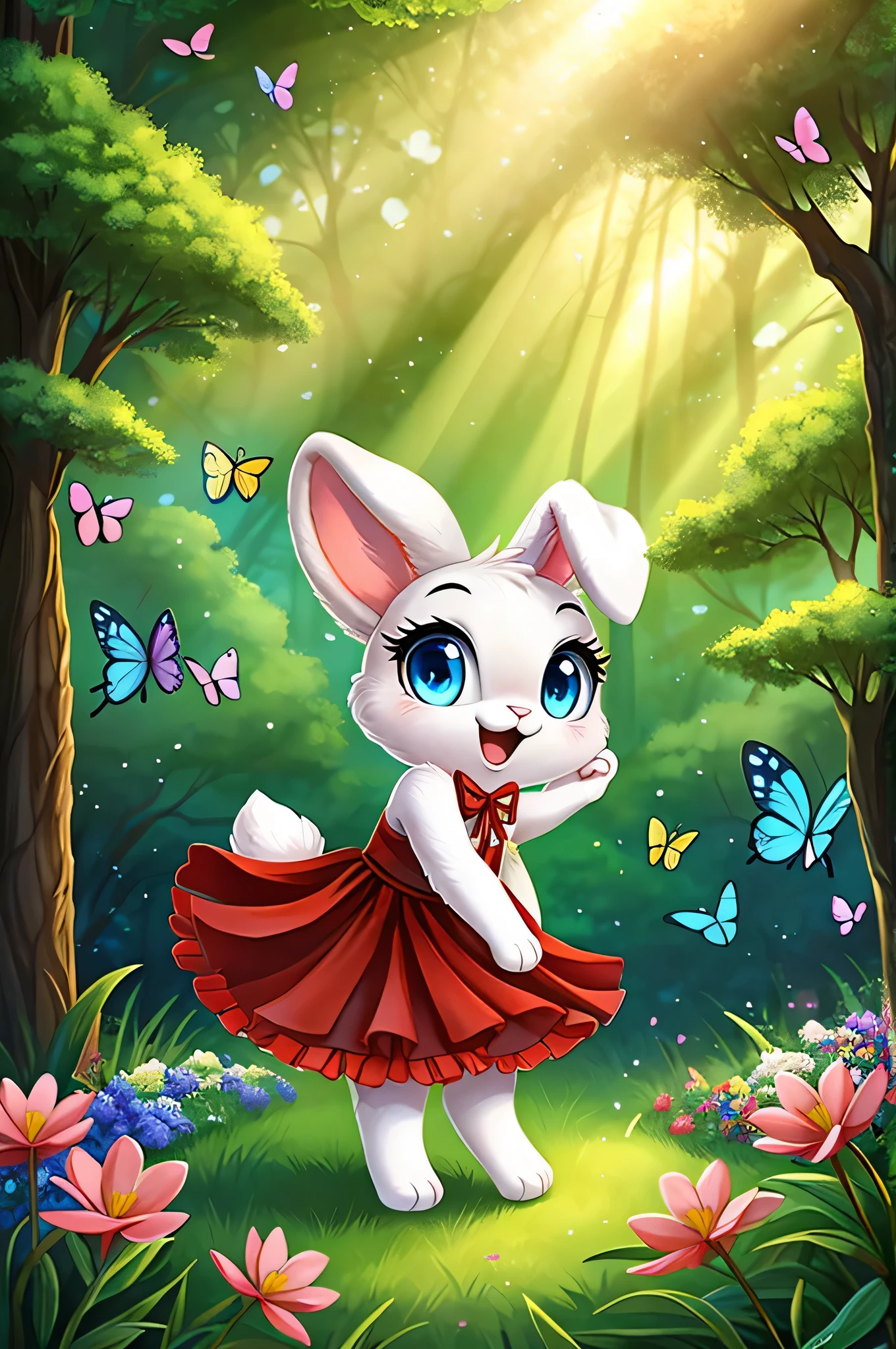 zoomed out image, ((solo character)), cute style art, fantasy style art, cute, adorable, short character, small, tiny little fluffy female white bunny with blue eyes, 4 ears, 2 extra ears, big floppy ears, long ears, ears perked up, raised ears, long eyelashes, poofy rabbit tail, wearing a red frilly ribbon dress, smiling, standing in a thick green forest, realistic forest, soft tones, big expressive smile, open mouth, wide eyes, excited eyes, excited face, looking at the scenery, looking at the trees in wonder, exploring happily, stunning visuals, sunlight coming through the trees, flowers scattered in the bushes, butterflies in the air, digital illustration